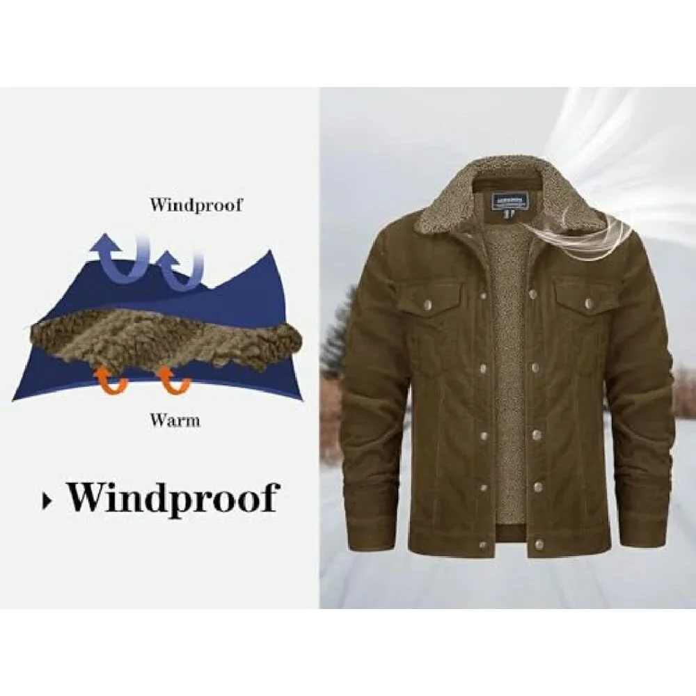 Men's Corduroy Sherpa Lined Trucker Jacket, Warm Winter Coat, Casual Work